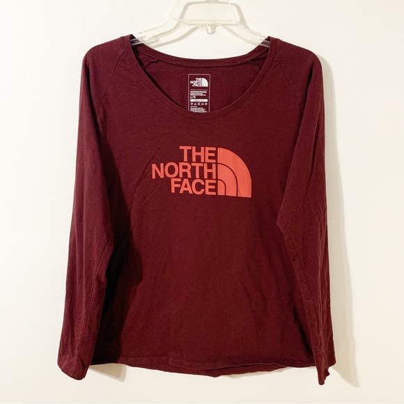 The North Face Classic Fit Long Sleeve Scoop Neck Logo Graphic Tee Shirt Maroon - Picture 1 of 6
